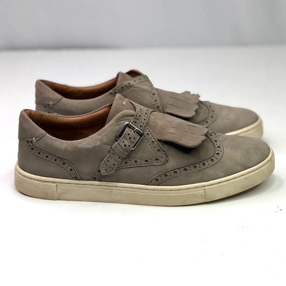 Frye Gemma Keltie sneakers grey nubuck suede fringe buckle wingtip size 9 - Picture 2 of 10